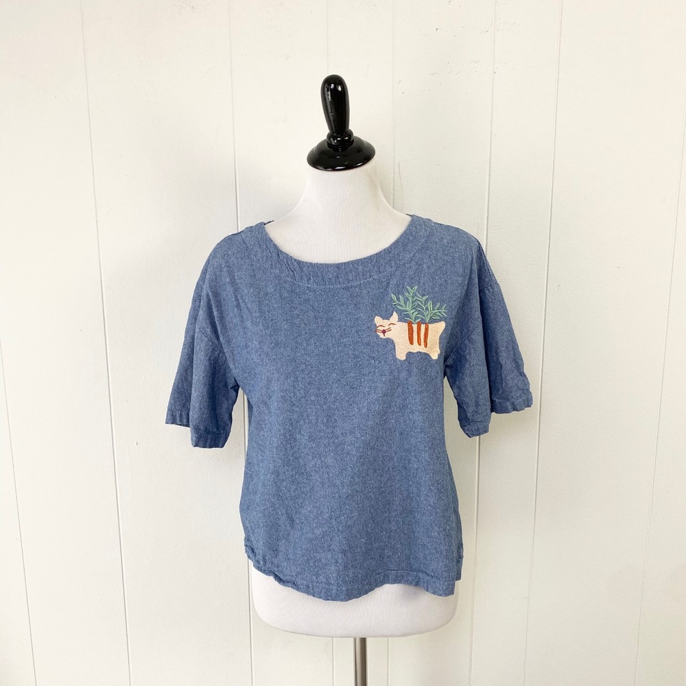 Princess Highway Blue Cotton Cat Plant Embroidered Top Size 8 Cottagecore Twee